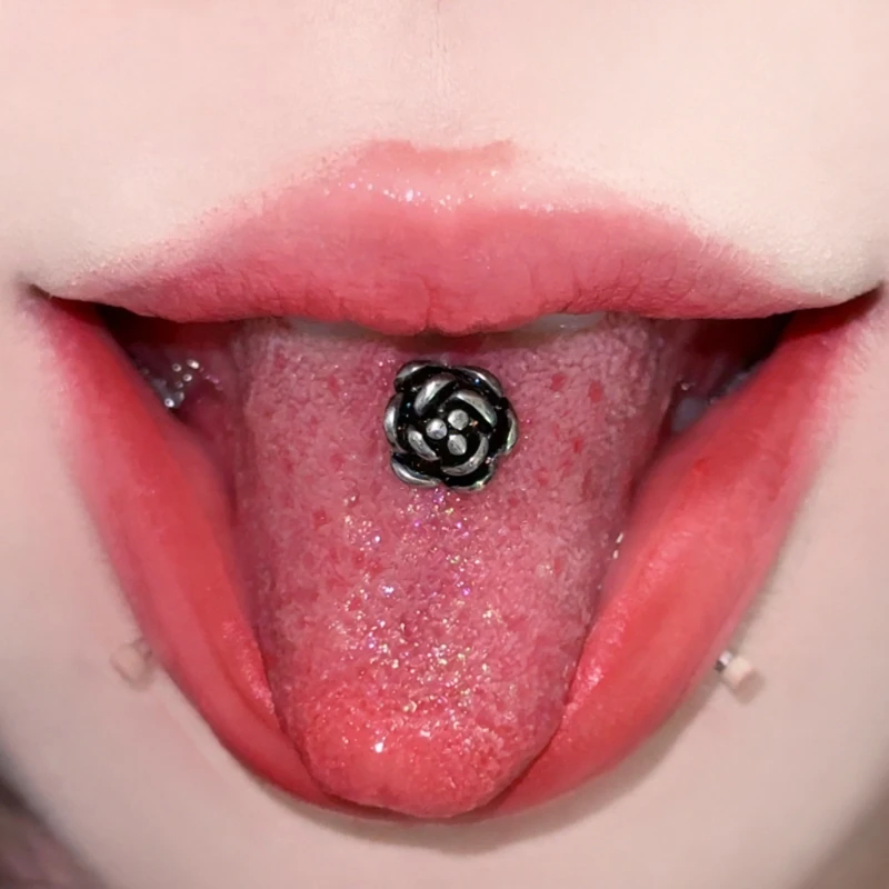 1Pc Trendy Sweet Cool Style Stainless Steel 1.6mm Rose & Thorn Tongue Stud for Cool Girls Unique Body Piercing Gift