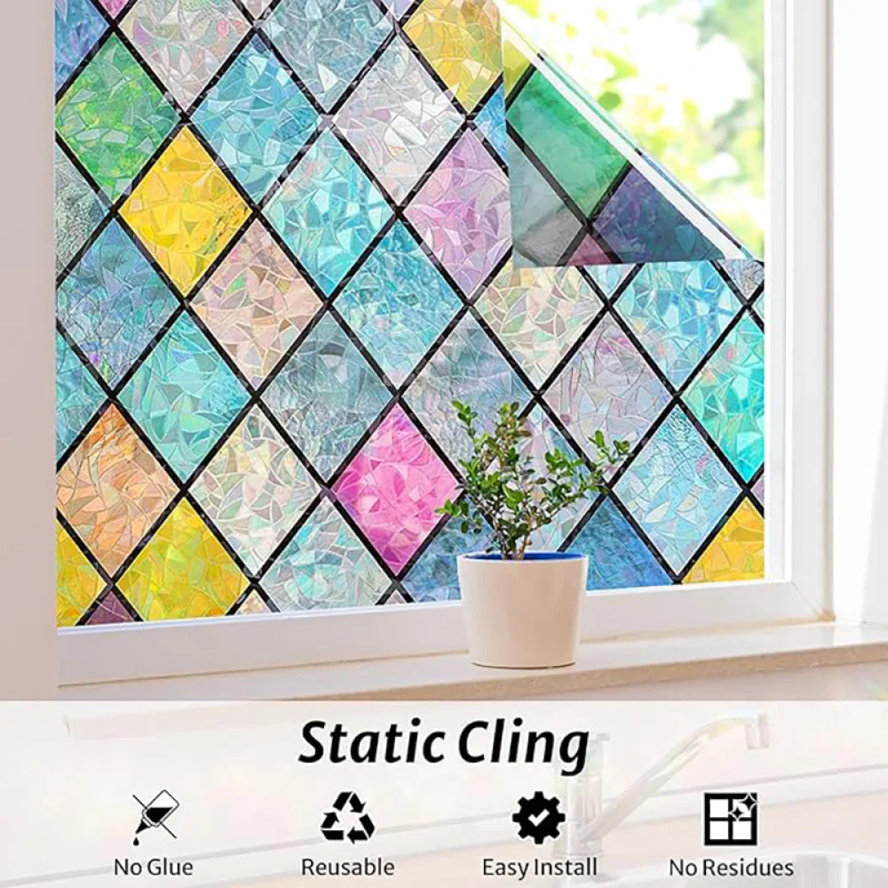 Static Cling Window Decal Rainbow Glass Film Privacy Protector Decorative Sun Control Heat Insulation Floral Design Sticker