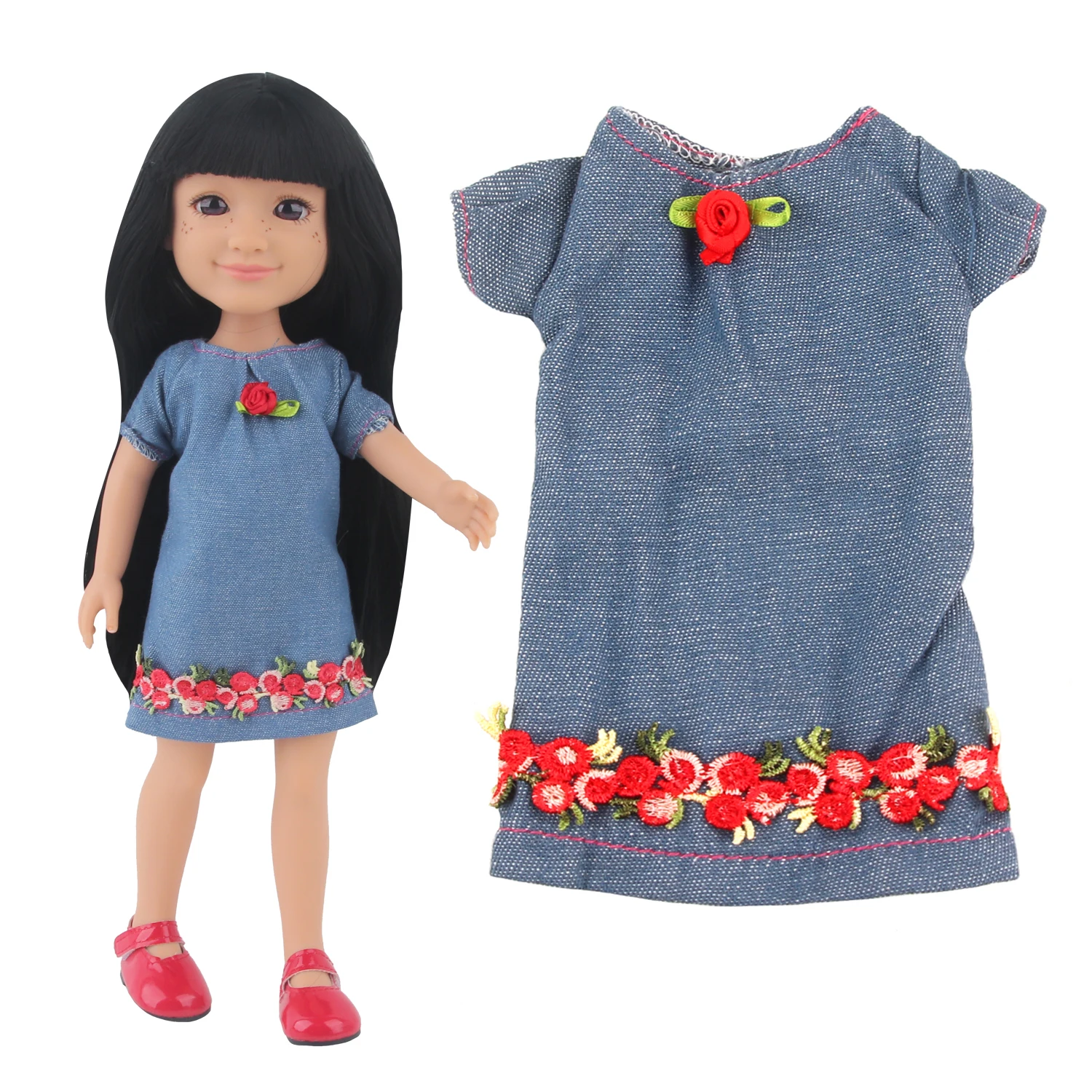 14-inch American Doll Dress Cute Rose Flower Denim Skirt For 30-35cm Baby Girl Dolls,Nancy,Lisa,Cotton Dolls Toy Play