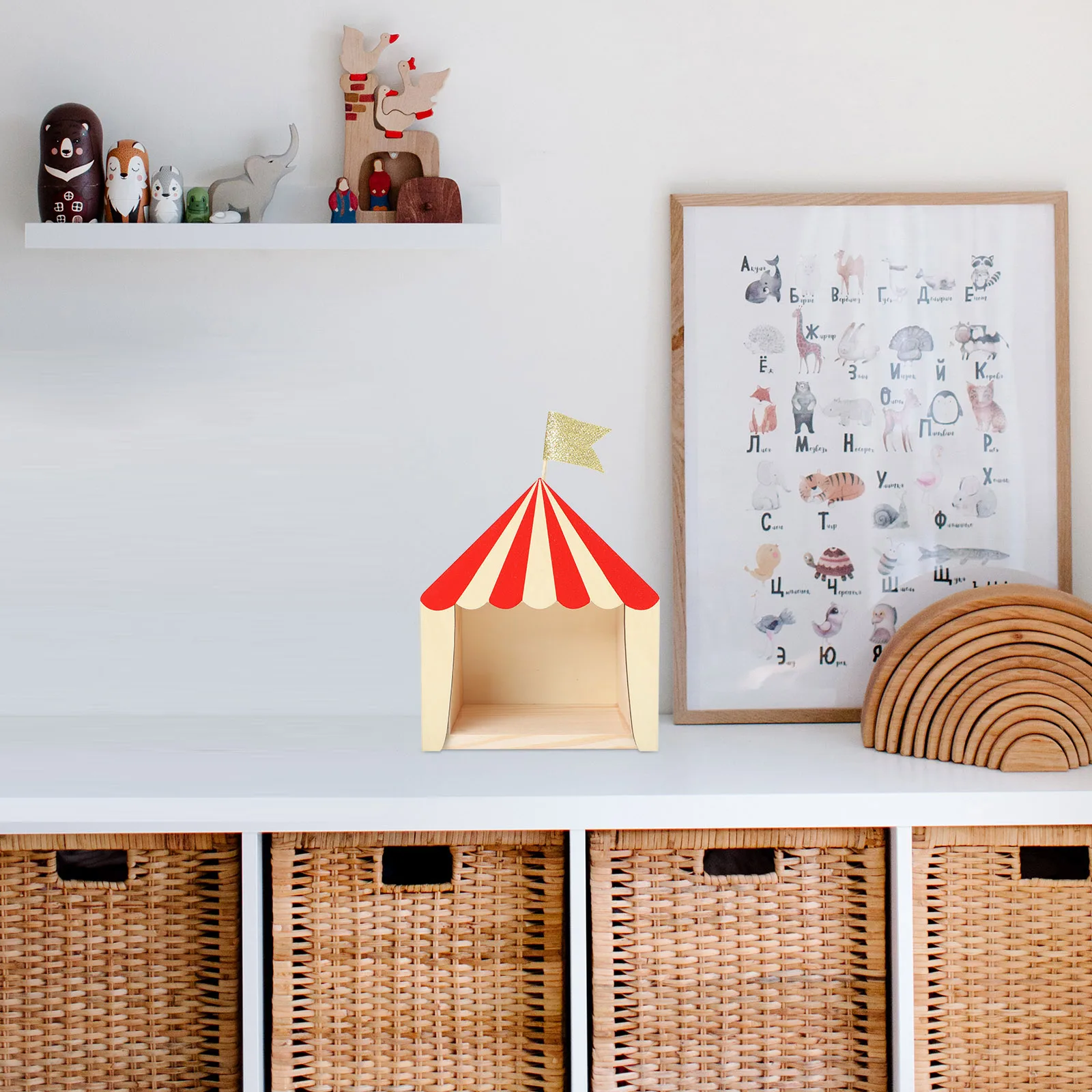 

Circus Cabin House Decorative Shelf Red Small Flag Kids Room ganizer Wooden Wall Shelf Storage Book Stand Toy Box