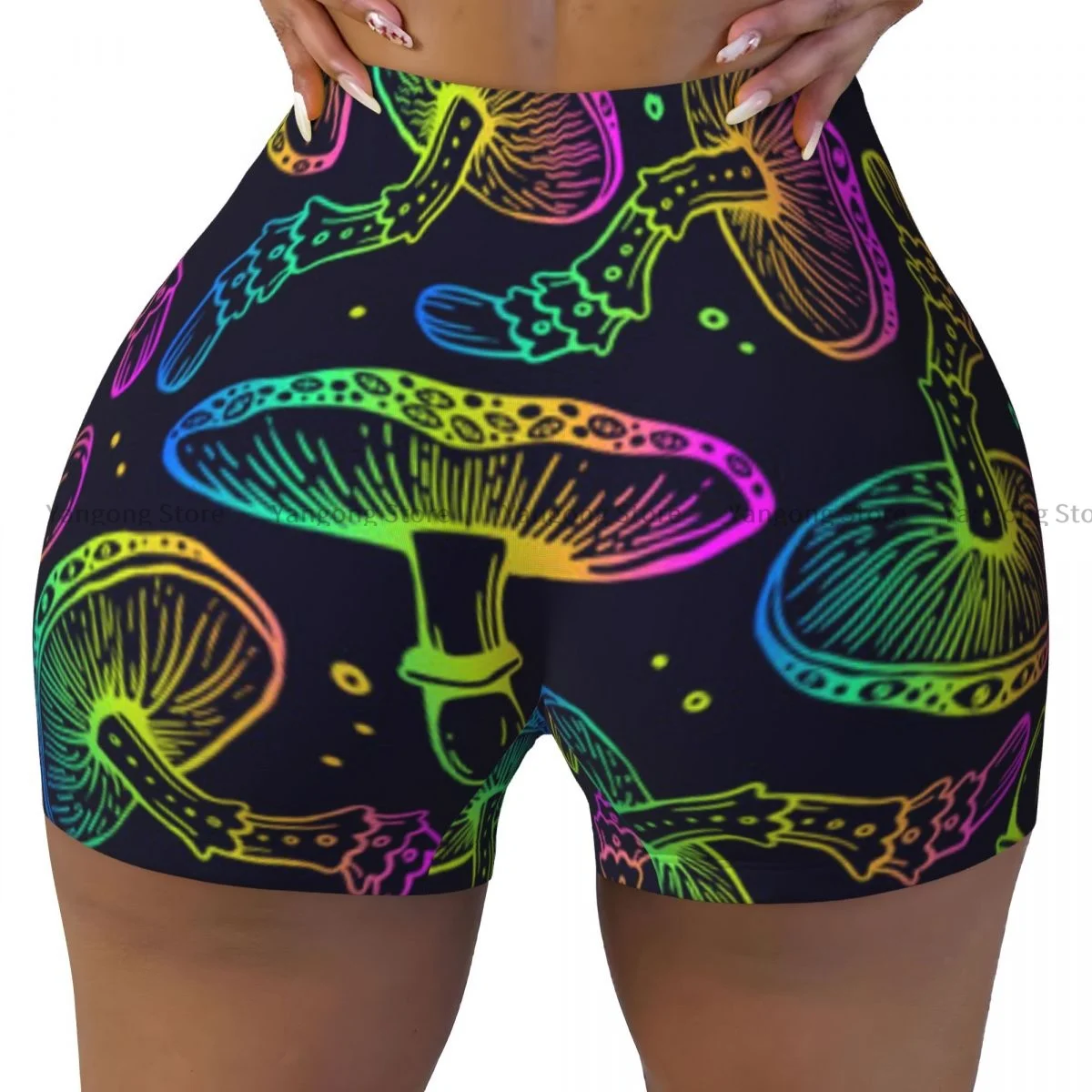 Women's Yoga Shorts Cosmic Rainbow Psilocybin Mushrooms Scrunch Booty Butt Lifting Comfort Fitness Gym