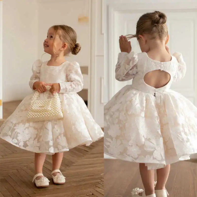 Charming Lace Flower Girl Gown Puff Sleeve Hollow Back Kids Formal Birthday Wedding Party Dress Robe De Fille Mariage Customized