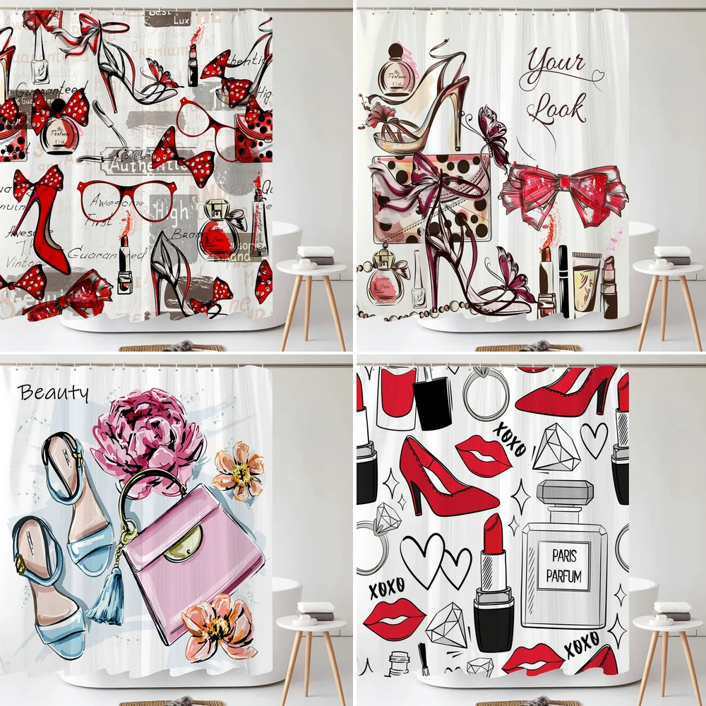 

Fashion Cosmetic Shoes and Bags Shower Curtain Modern Girl Print Home Decor Curtain Polyster Fabric Bathroom Curtain with Hooks