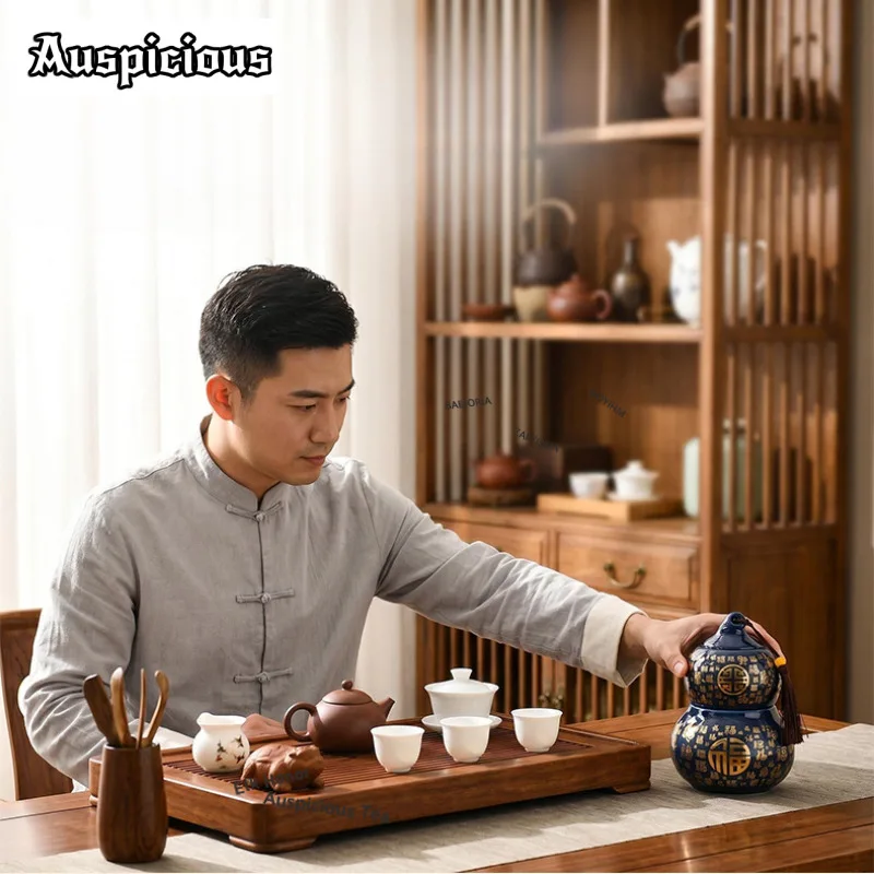 ZAEYORIA Double-deck Baifu Gourd Ceramic Tea Box Organizer Moisture-proof Antique Storage Tank Containers Tea Caddy Tea Ceremony