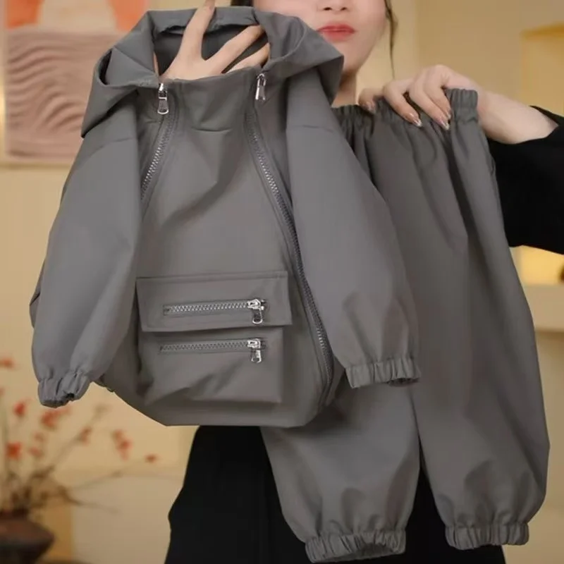 2026 New Spring and Autumn Children's Grey Personalized Design Zipper Hooded Charge Coat and Pants Two Piece Set