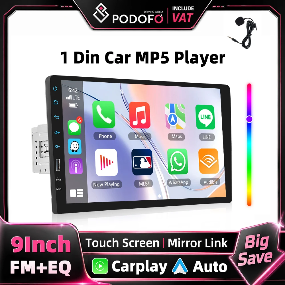 Podofo 1Din Fahrzeug-Stereoradio 9-Zoll-Touchscreen-Player mit Unterstützung für Carplay Android Auto Bluetooth FM Mirror Link USB Auto-Multimedia-Audiogerät