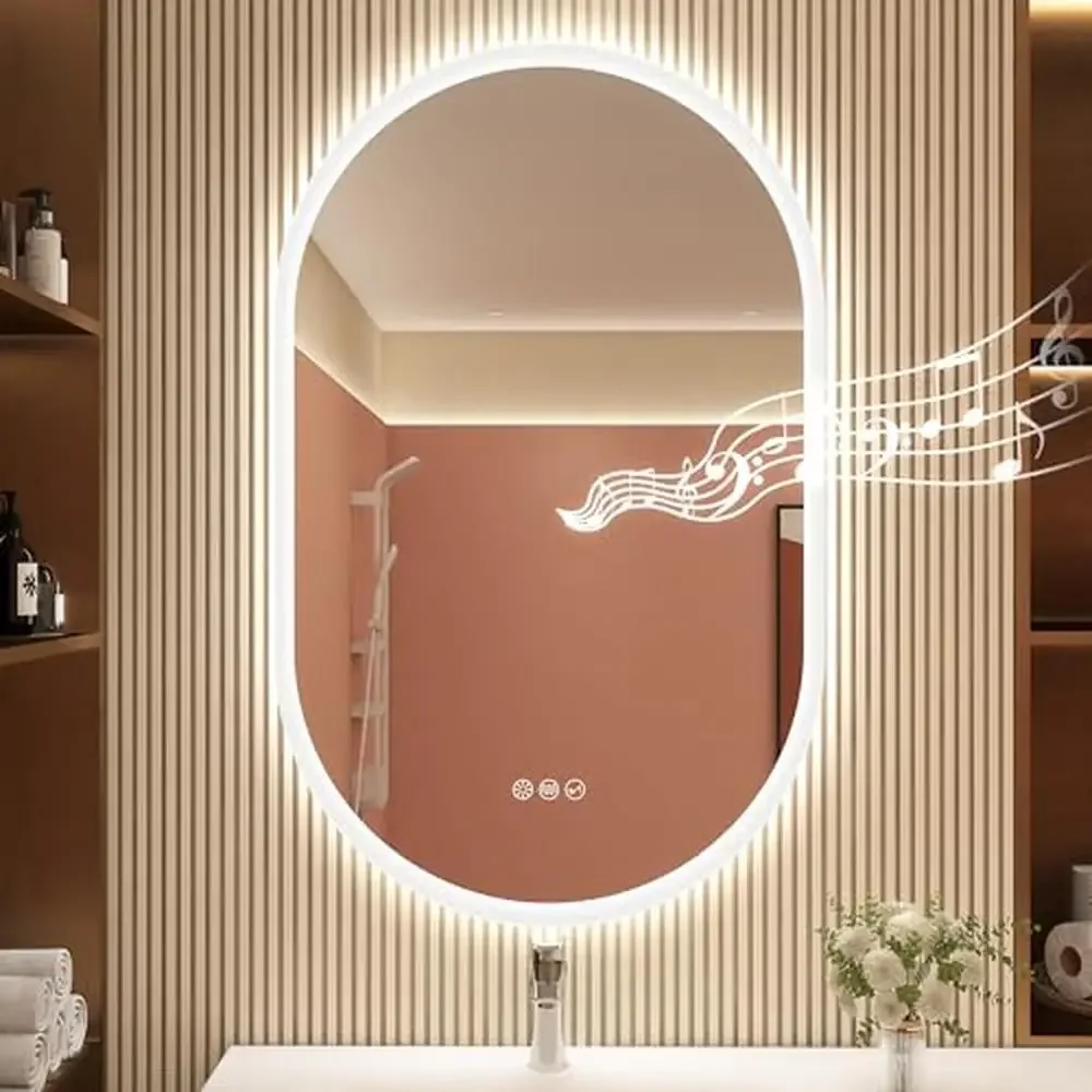 LED Bluetooth Speaker Bathroom Mirror Anti-Fog 3 Color Temperature Dimmable IP65 Wall Mount Mirror