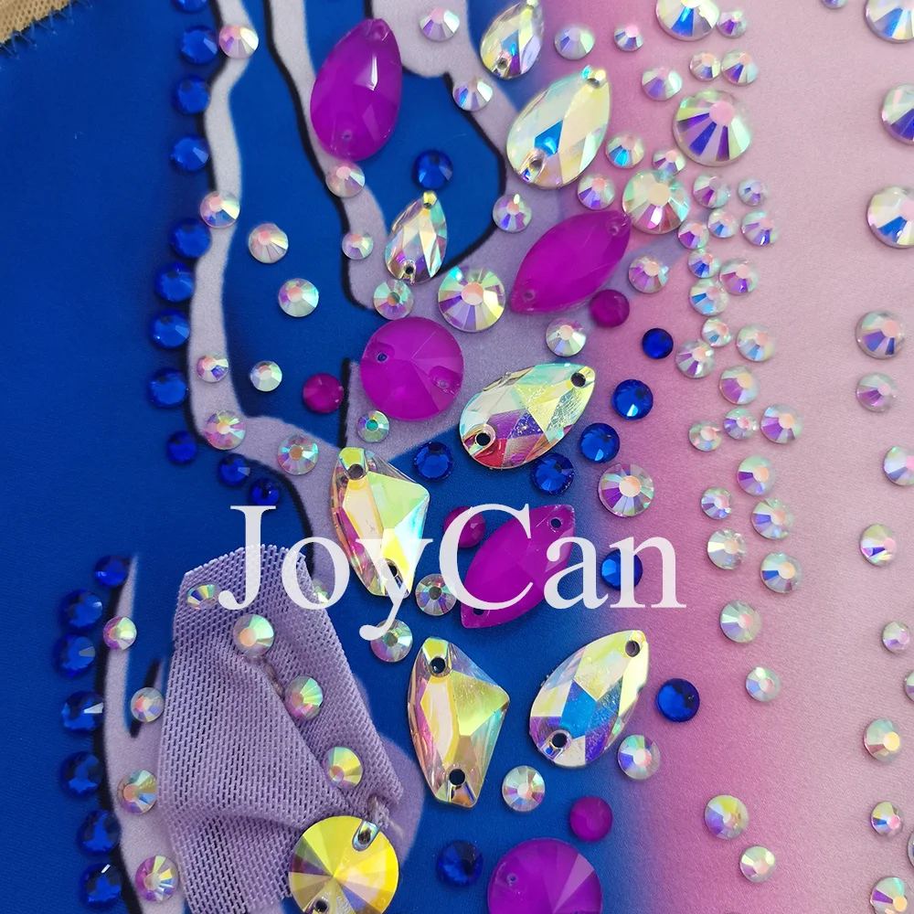 Blaue Kunstturnen-Trikots, hochelastische Spandex-Ganzanzüge, atmungsaktiv, Rhythmische Gymnastikkostüme im Diamant-Look für Damen