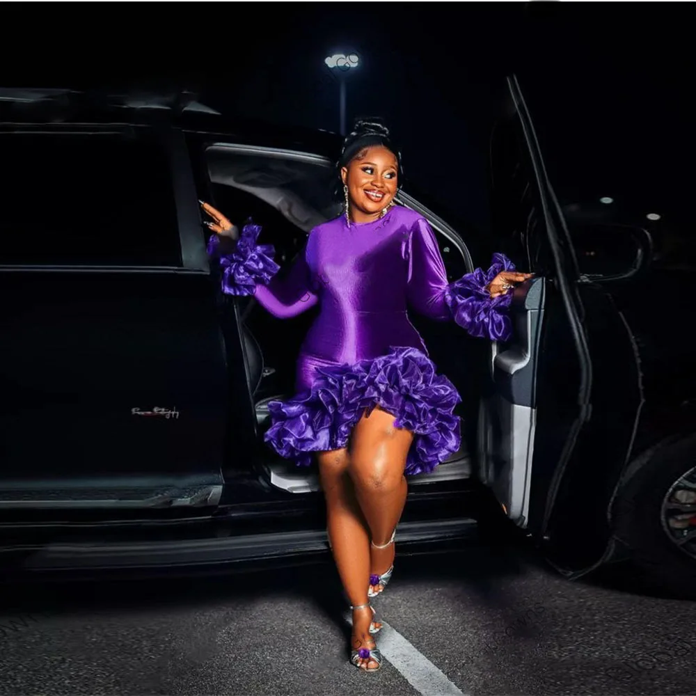 

Purple Flare Sleeves Velvet Dresses Women Beautiful Organza Formal Dresses Above Knee Length Cocktail Gowns Velour