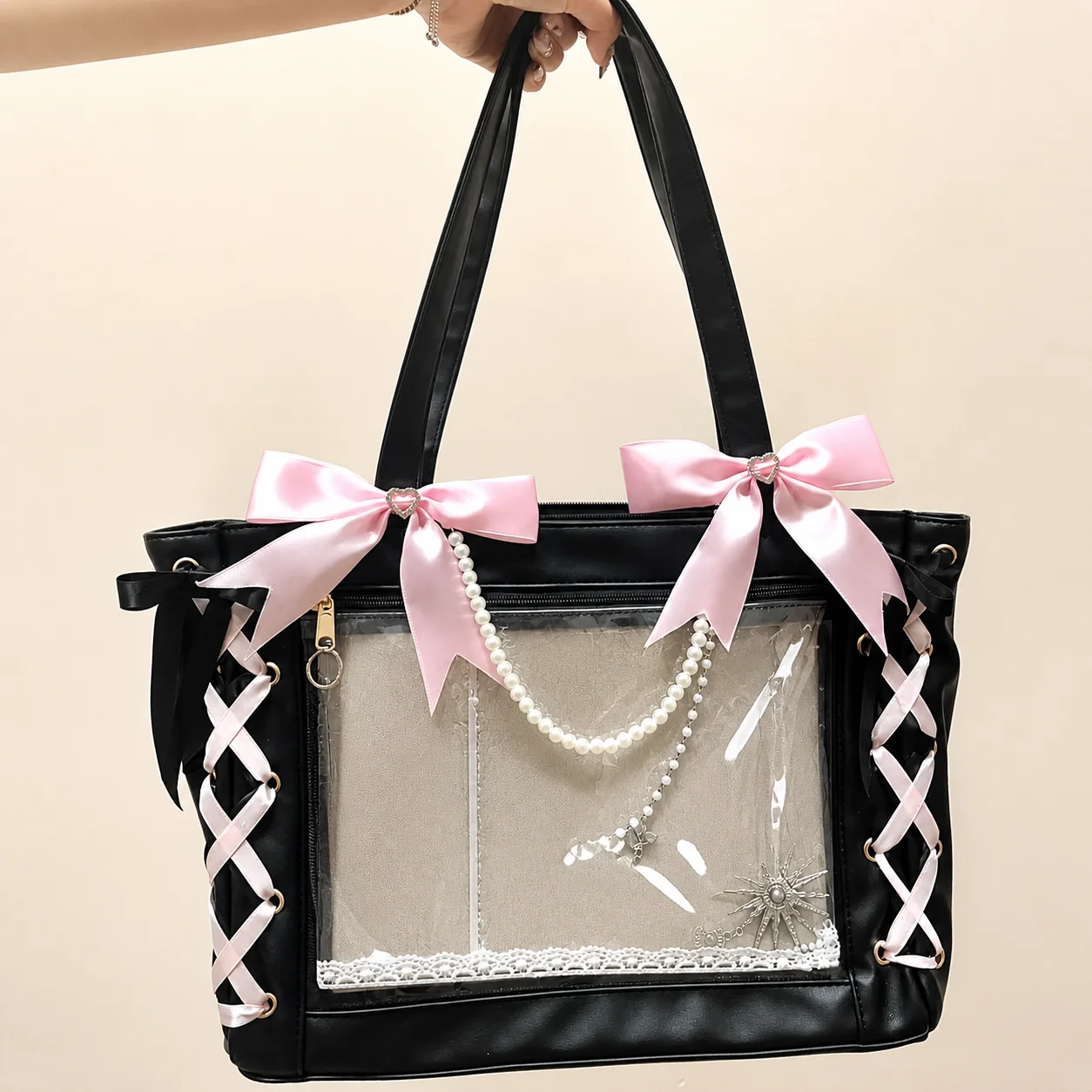 Large Capacity Tote Bag Transparent Hand Carry Bag Shoulder Handbag Lace Up Collectible Display Bag For Power Bank Storage Daily