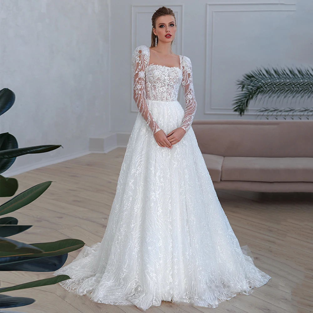 Jiayigong Lace Wedding Dress Square Neck Long Sleeves Glitter Applique Sweep Train Backless A Line Bridal Gown Robe De Mariage