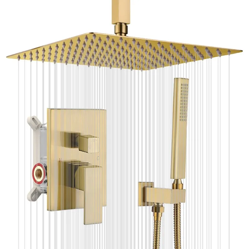 

Iriber Champagne Bronze Ceiling Mount Rain Shower System with 12 Inch Shower Head and Handheld Bathroom BrushedGolden Shower Set