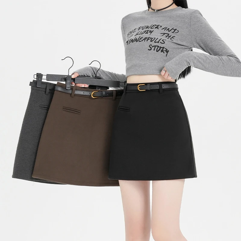 

Женская шерстяная юбка трапециевидной формы с высокой талией, однотонная, облегающая бедра, толстая, повседневная, осенняя, пикантная, для девочек, универсальная, уличная мода