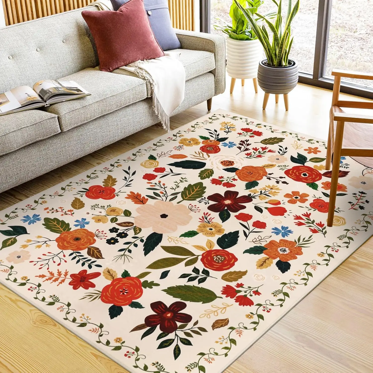 

Floral Area Rug, Machine Washable Ultra Soft Low Pile Non Slip Non Shedding Accent Floor Carpet for Living Room