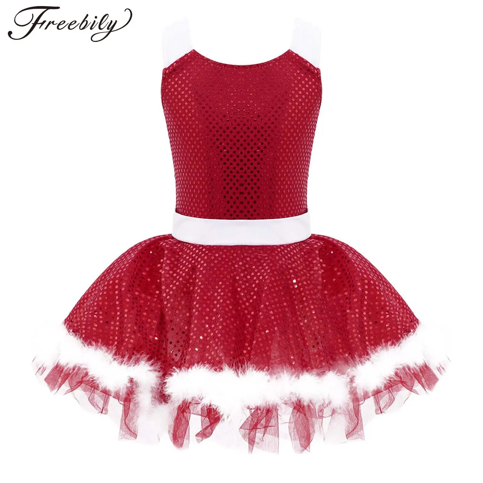 

Kids Girls Christmas Ballet Dance Dress Shiny Sequins Mesh Leotard Tutu Skating Gymnastics Latin Stage Performance Dancewear