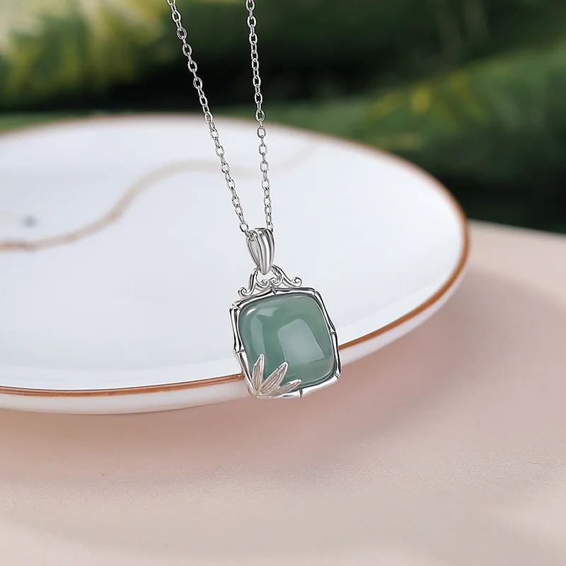 Amxiu Sterling Silver 925  Blue Water S Pure Silver Hetian Green Jade Amber Knot Bamboo Leaf Square Ruyi Pendant