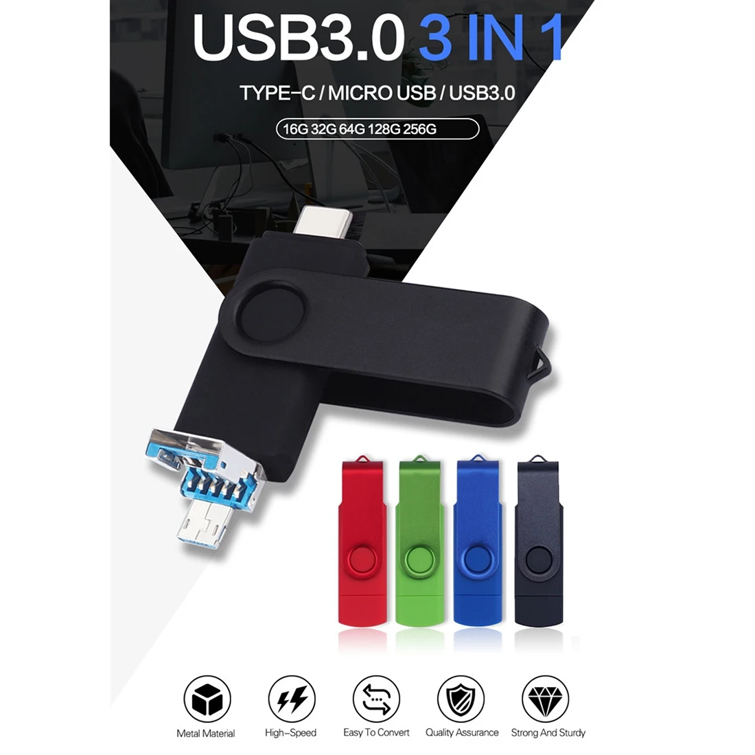 3 in 1 USB Flash Drive TYPE-C+Micro-USB+USB3.0 Fast Read Mini Memory Stick U Disk Support