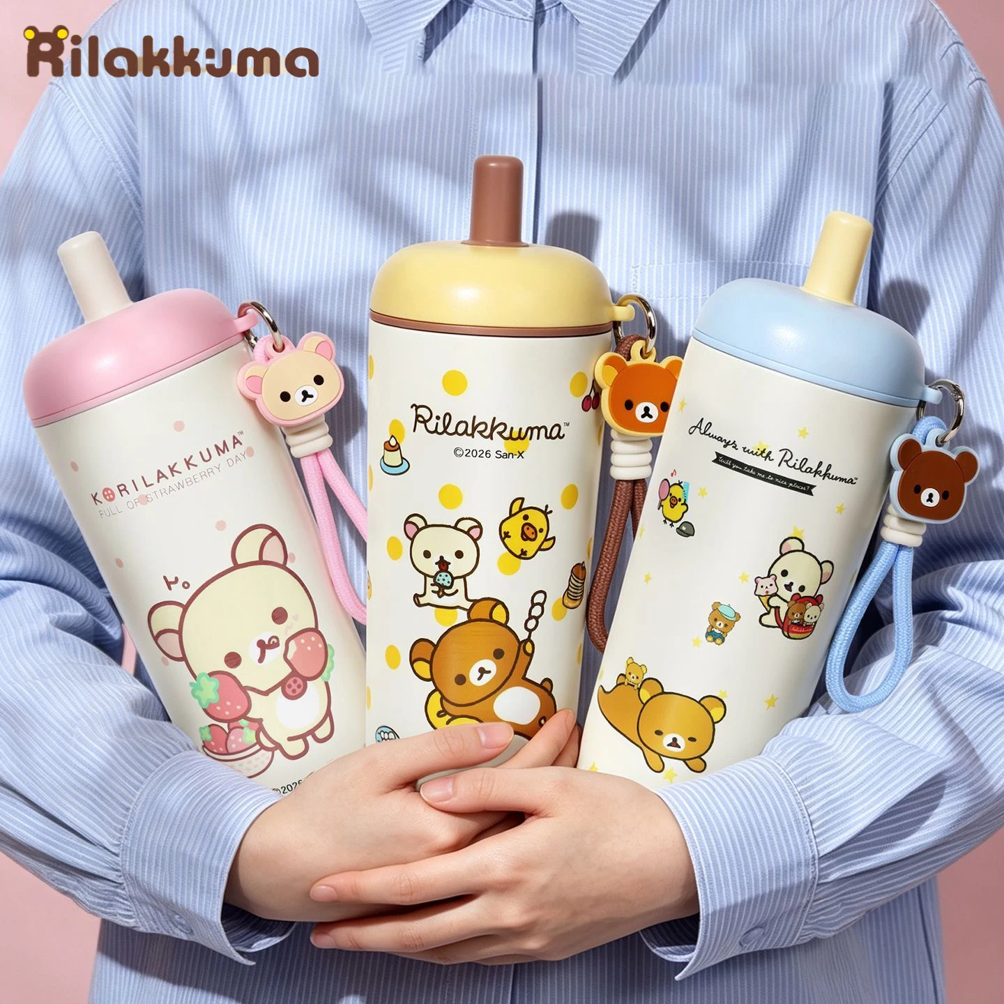 560ml Rilakkuma Insulated Water Bottle 316 Stainless Steel Water Cup Portable With Lanyard Cute Easy Bear Anime Peripheral Gifts