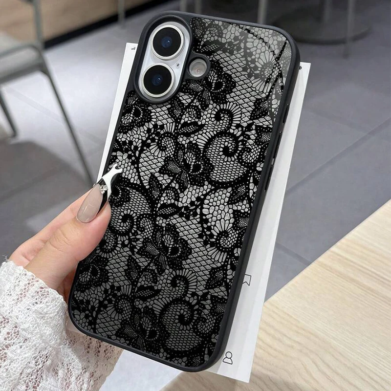 Custodia in silicone con raffinato motivo in pizzo per iPhone 17 16 15 14 13 12 11 Pro Max, Air 16E 16 Plus XS X XR - Morbida Funda