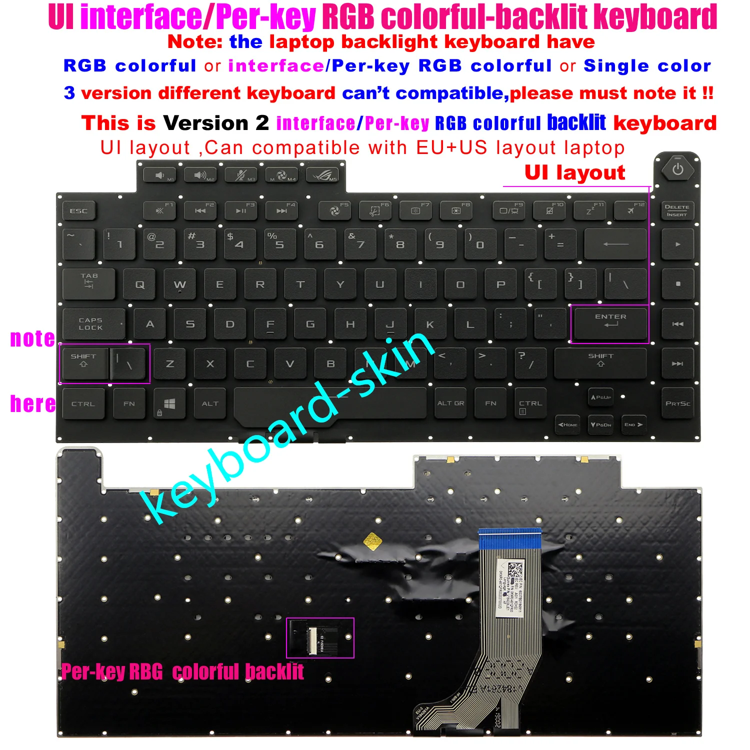 US Version 2  interface Backlight Keyboard For Asus ROG Strix G512 G512L G512LU G512LI G512LV G512LW G531G G531GU G531GT laptop