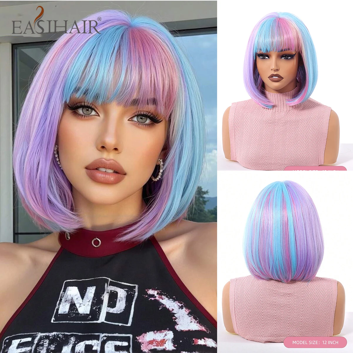

EASIHAIR Colorful Synthetic Wigs for Women Pink Blue Purple Wigs Short Straight Bob Hair Wigs With Bangs Cosplay Heat Resistant