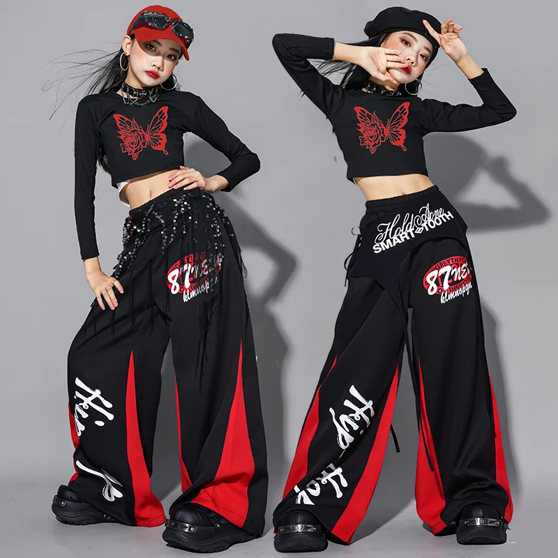 Girl Jazz Group Clothes Sets Hip Hop Sequin Crop Sweatshirt Cargo Pants Child Street Dance Costume Kids K-pop Streetwear Outfits
