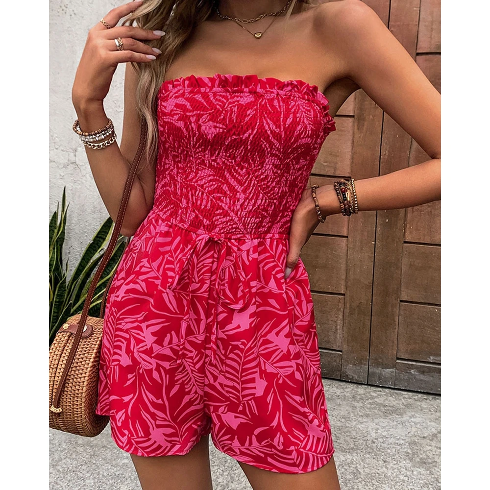 Summer Fashion Women Leaf Print Shirring coulisse Design pagliaccetto Femme Casual volant Bandeau tute corte abiti abbigliamento quotidiano