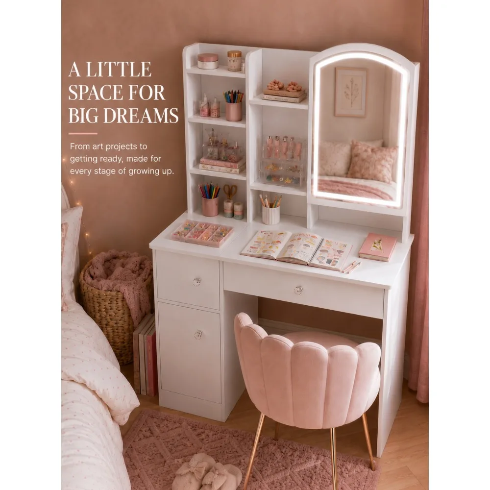 LED Vanity Desk with Mirror and Shelves, Modern Makeup Dressing Table with Storage Cabinet, Bedroom Vanity Furniture for Women Girls, Beauty Corner Organizer