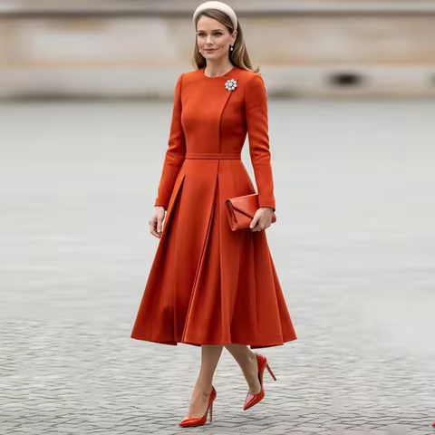 NYZY Elegant Mother of the Bride Dress Women Long Sleeves A-Line Pleated Wedding Guest Dress O Neck Evening Party Gowns Midi