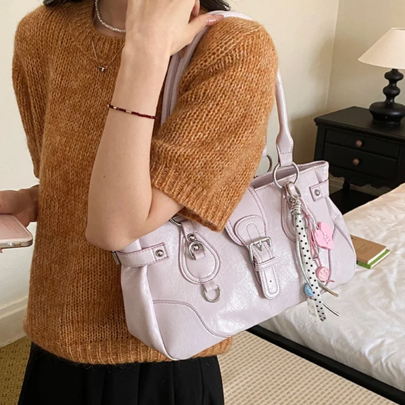 Y2K Retro Leather Shoulder Bag Women Buckle Underarm Handbag Large Commuter Crossbody Purse Daily Shopping Trendy Top Handle Bag