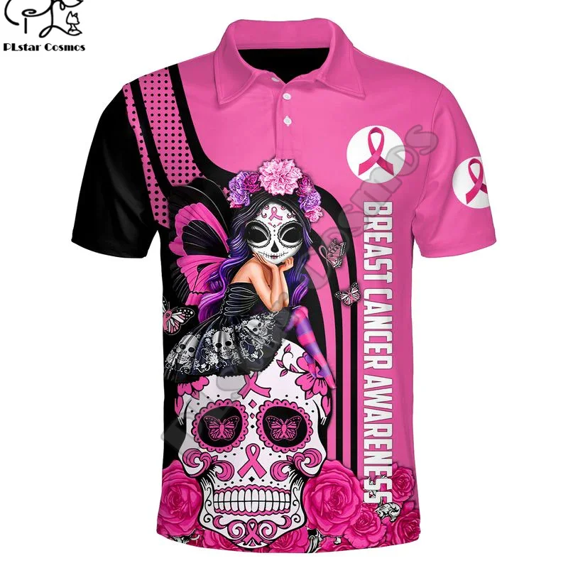 Girls Power Pink Tattoo Breast Cancer Fighter Retro 3DPrint Men/Women Summer Harajuku Casual Funny Polo Shirts Short Sleeves A1