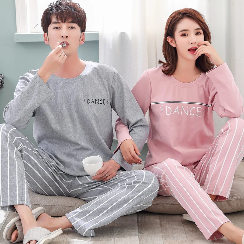 Couples Cotton Sleepwear Spring Long Sleeping Tops Pant Pajamas Set Men Home Clothes Women Nightwear Pjs Loungewear Hombre