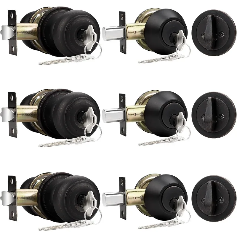 

Entry Door Knob Lock Set and Single Cylinder Deadbolt Combination Set, Oil-Rubbed Bronze (3 Pack) Keyed Alike US(Origin)