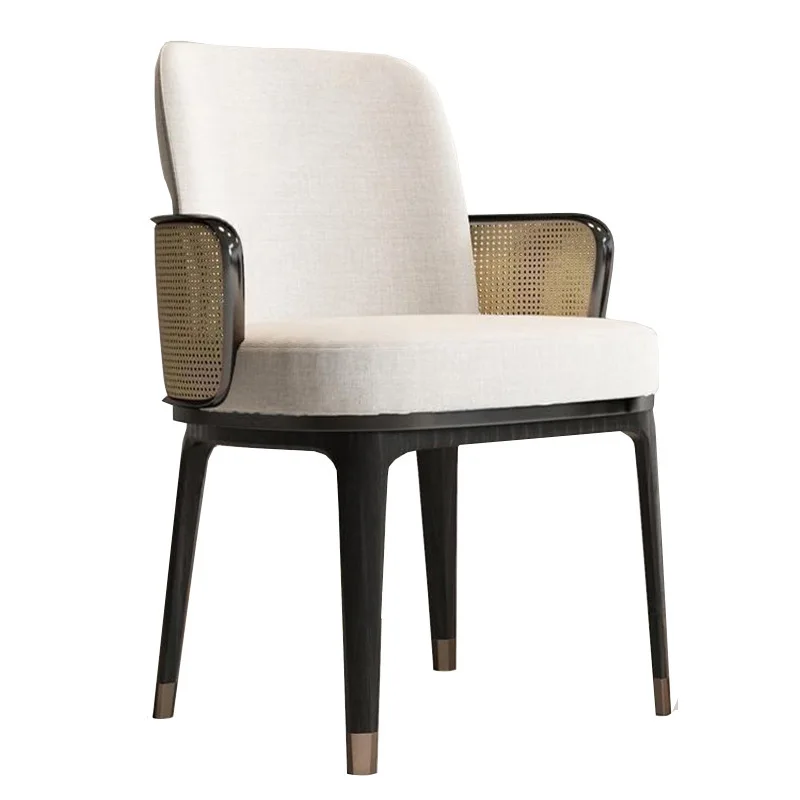 

Simple modern wabi sandy wind rattan hotel bed and breakfast club model room leisure chair new Chinese solid wood fabric dining