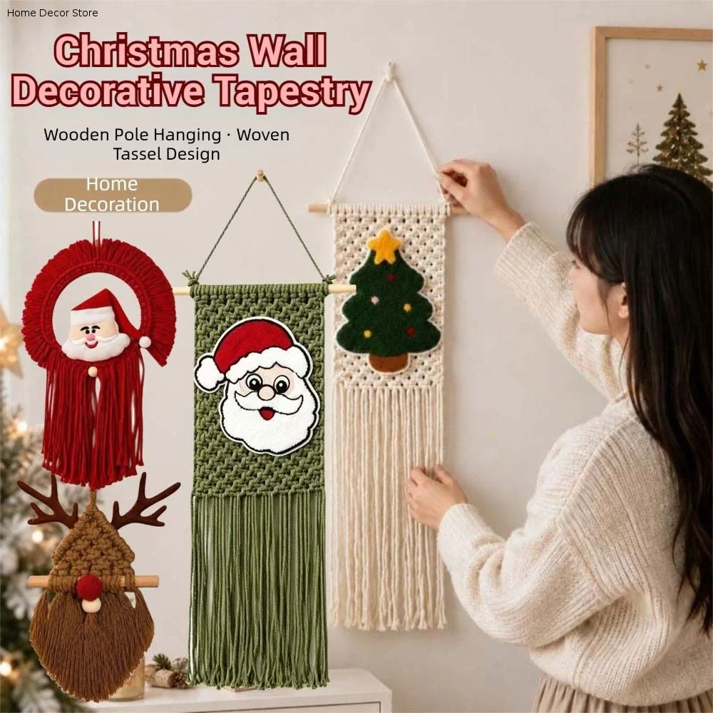 Bohemian Style Wall Decorative Tapestry Handwoven Deer Christmas Tree Tapestry Wall Art Tassel Macrame Wall Hanging Room Decor
