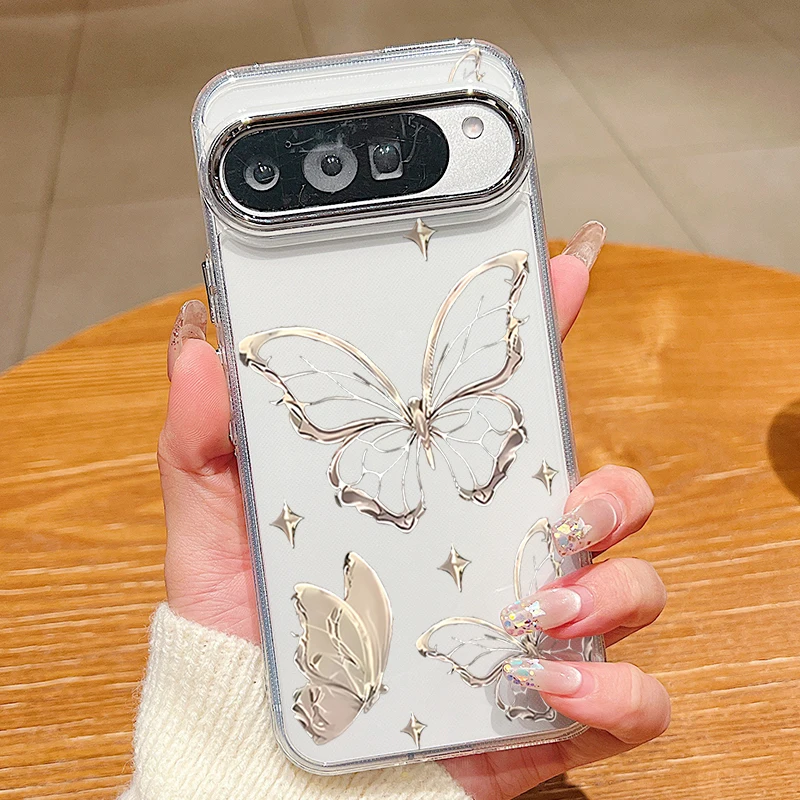 Retro-Schmetterlingsmuster Klare Handyhülle für Google Pixel 10 9 8 7 Pro Pixel 9 10 Pro XL 7A 8A 9A Stoßfeste Weiche TPU-Rückabdeckung