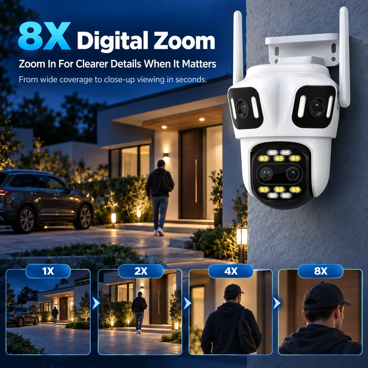 8K 16MP WiFi PTZ Camera Four Lens Three Screens 8X Zoom Outdoor CCTV Security Camera Auto Tracking Video Surveillance IP Cam