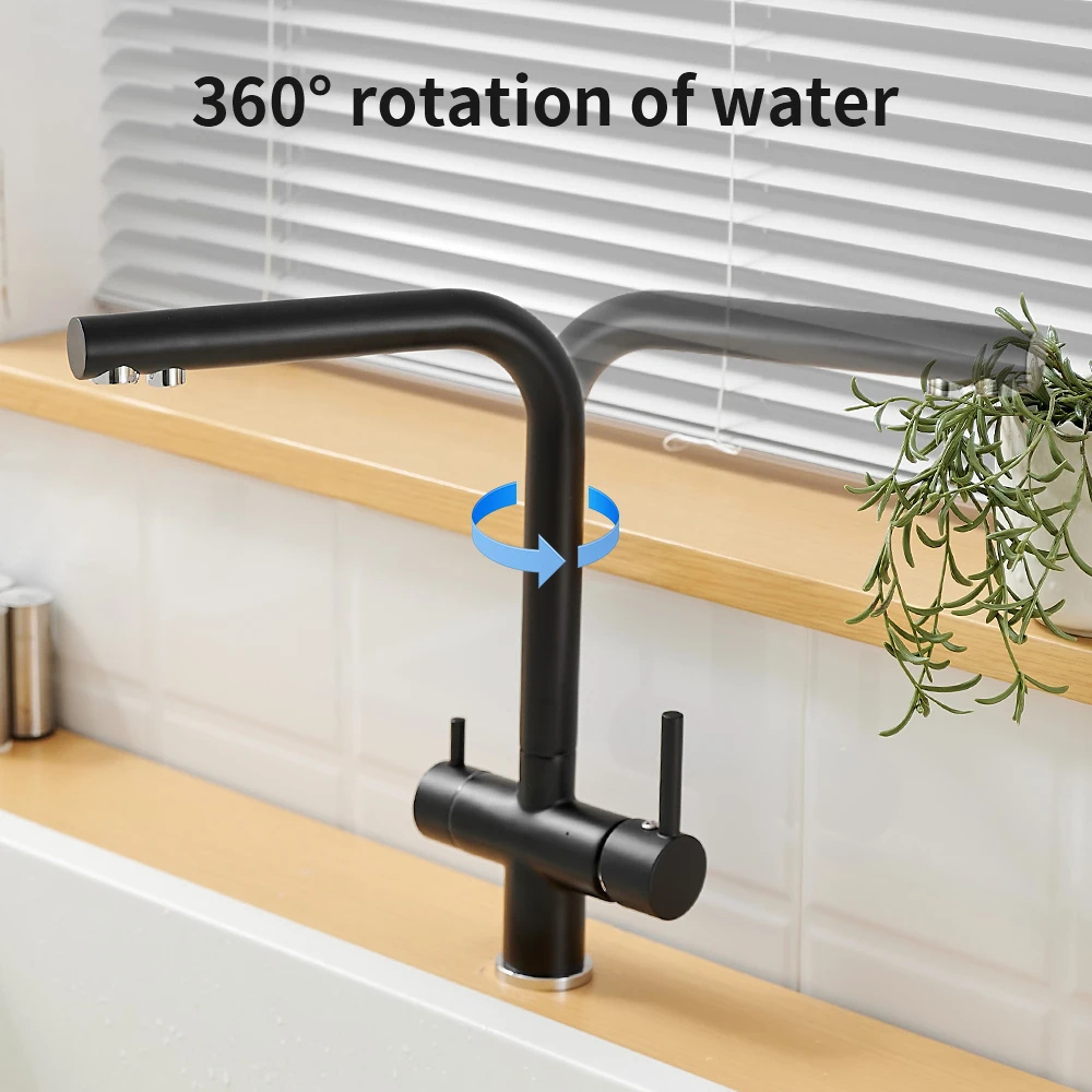 Matte Black Dual Handles Single Hole Hot Cold Drinking Filter Water 3 Way Kitchen Sink Faucet Mixer Tap with Jet Sprayer