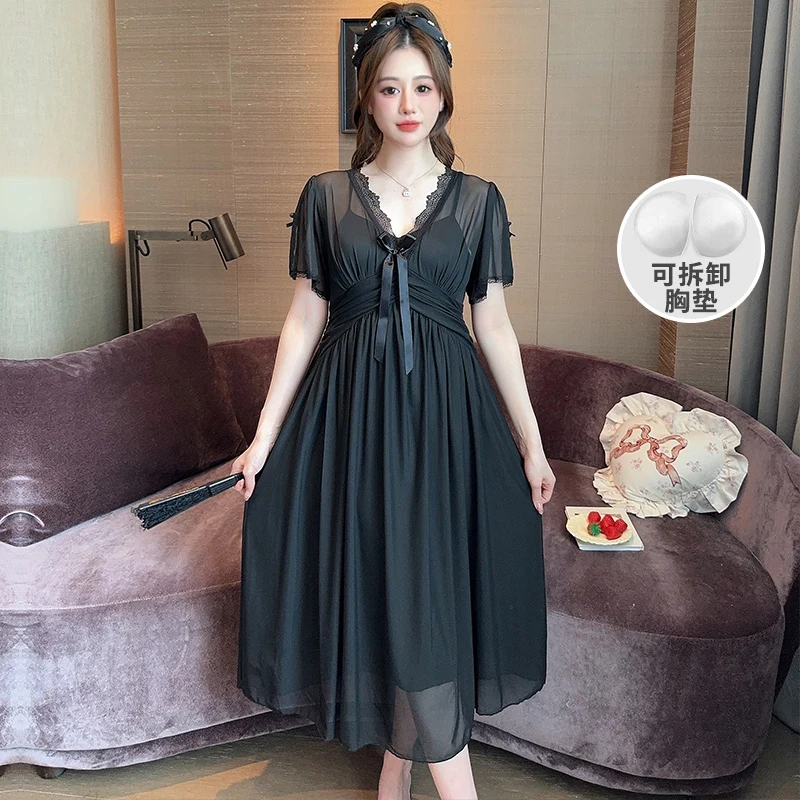 Cotton Short Sleeve Sexy Lace V-neck Lingerie Nightgowns for Women 2024 Summer Cute Sleepwear Night Dress Nightdress Home Nighty