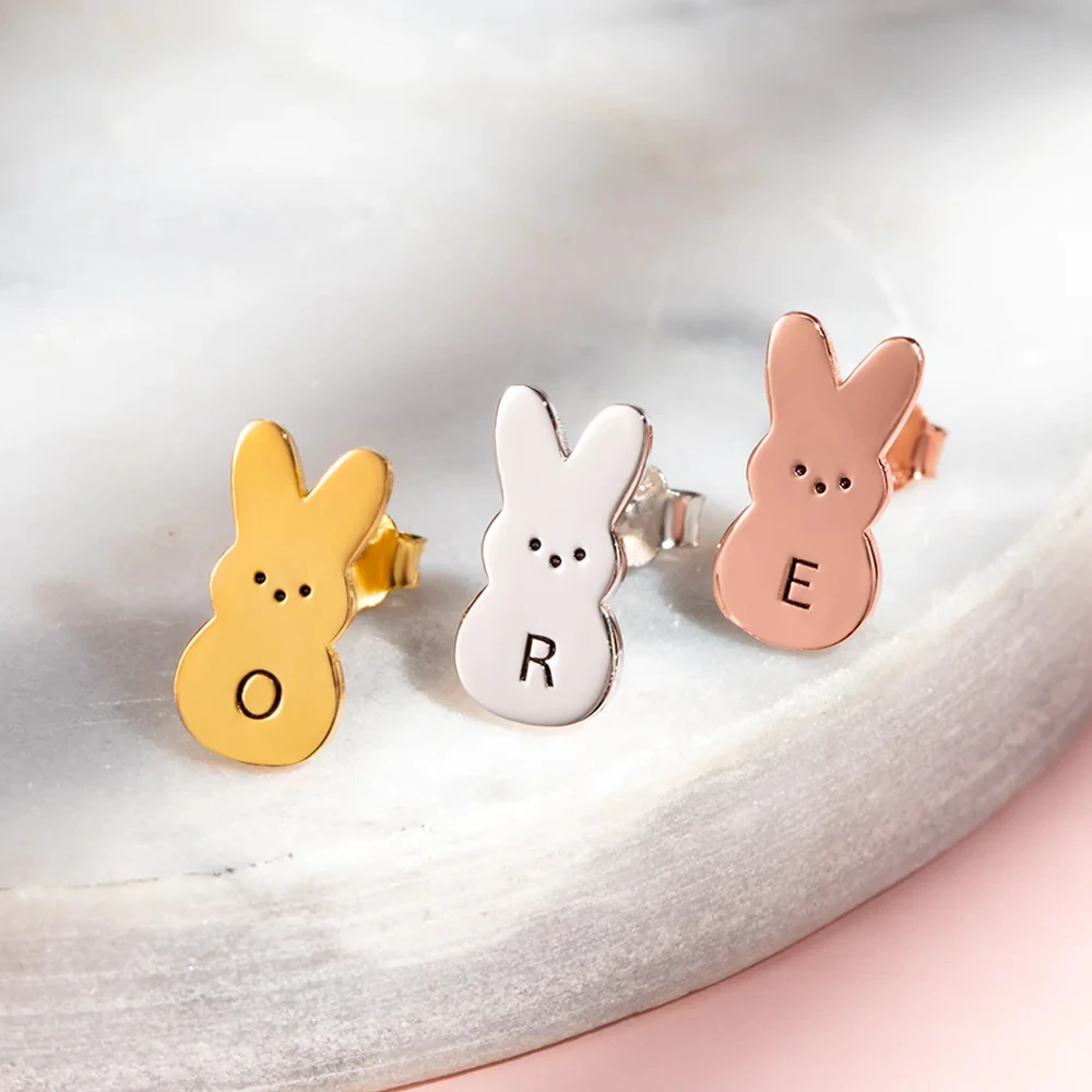 

2023 Bunny Initial Stud Earrings Cute Custom Monogram Gold Bunny Head Earrings Personalized Gifts for Kids