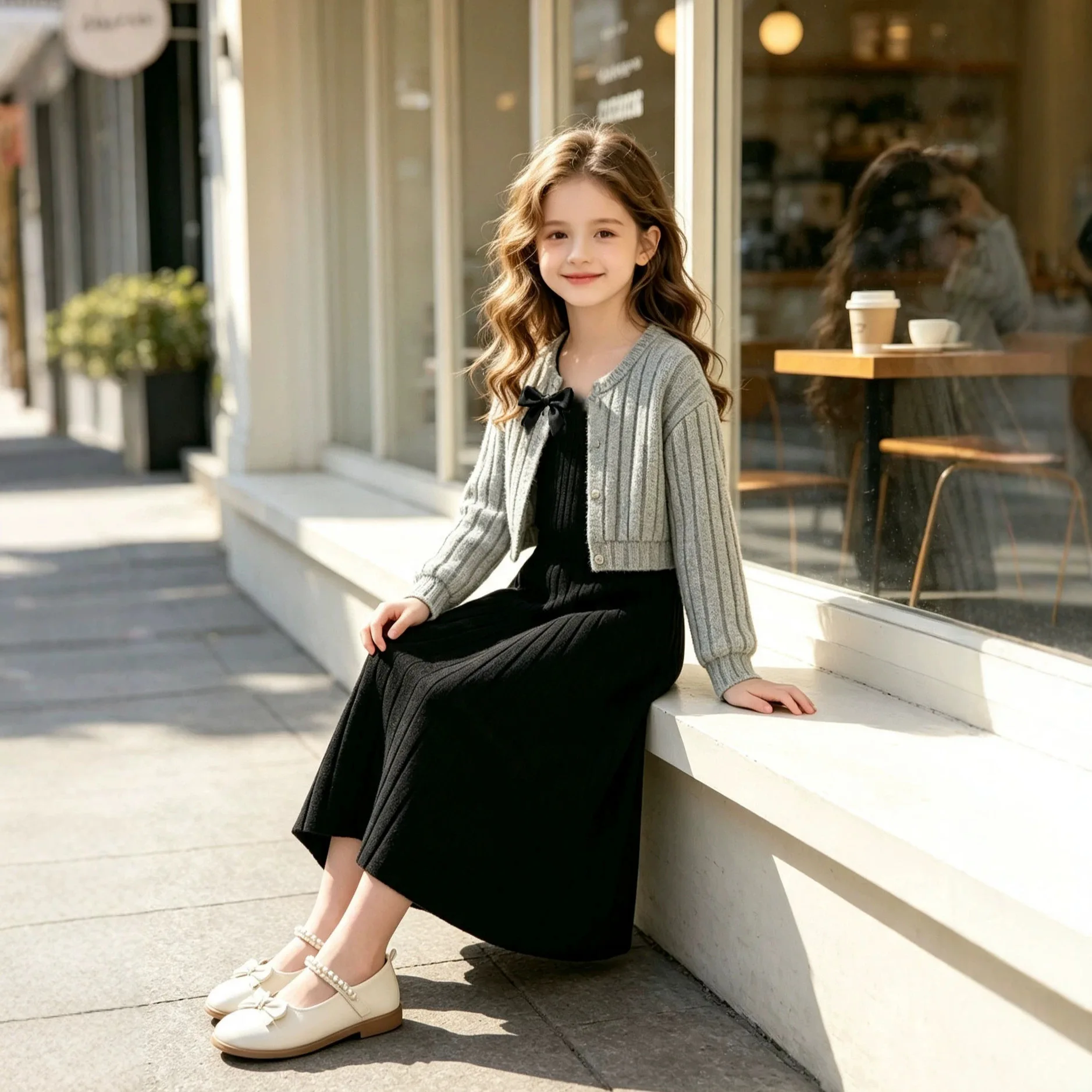 Autumn and Winter Children's Set Bow Knitted Coat Strap Dress Two Piece Set for Girls 2026 Style High End