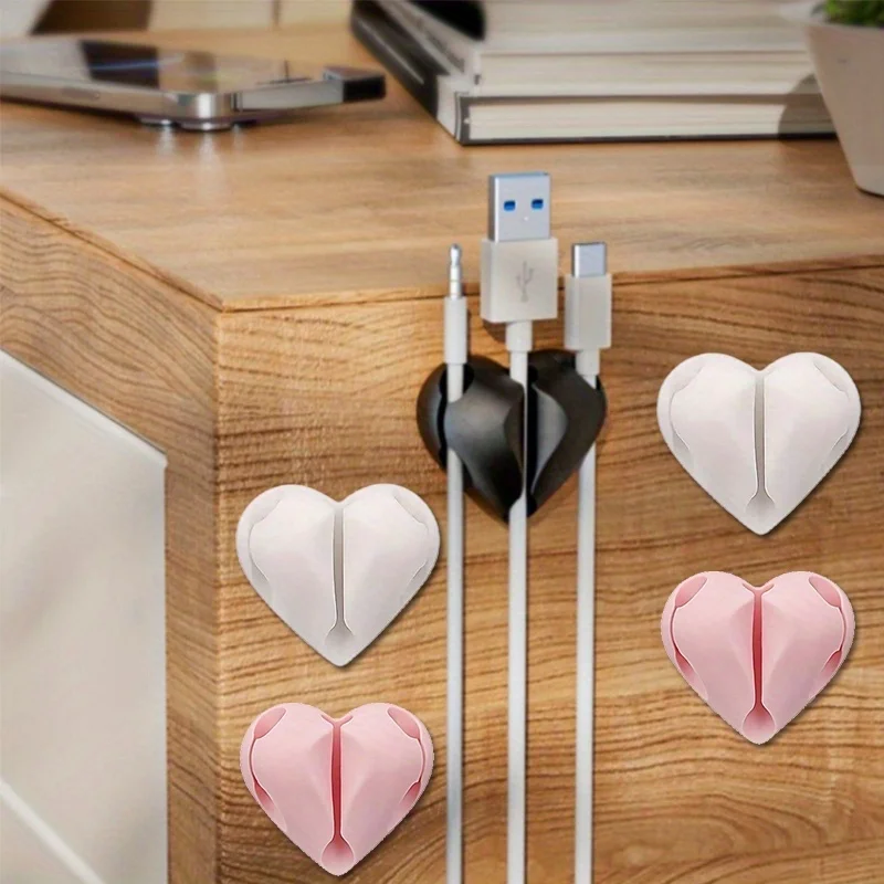 4Pcs Heart-Shaped Cable Organizer,Phone Charging Line Holder,Self-Adhesive Wire Organizer,Suitable for Desks,Nightstands,Offices