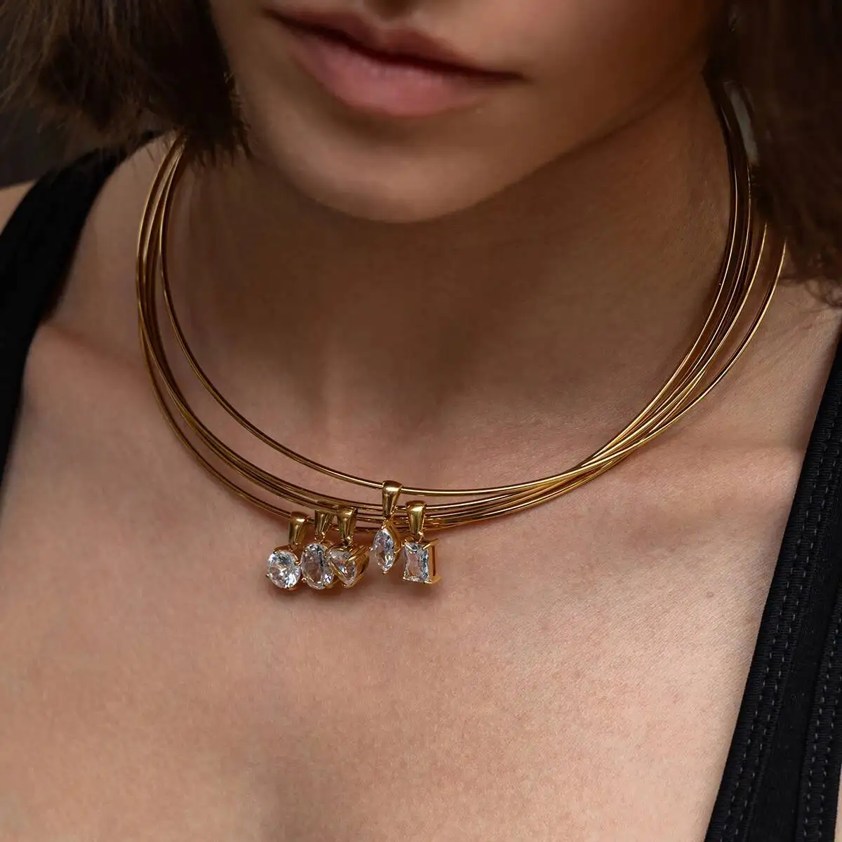 

PuRui Stainless Steel Shiny Zircon Heart Water Drop Pendant Chokers Necklace Women Luxury 18K PVD Gold Plated Short Collar Chain