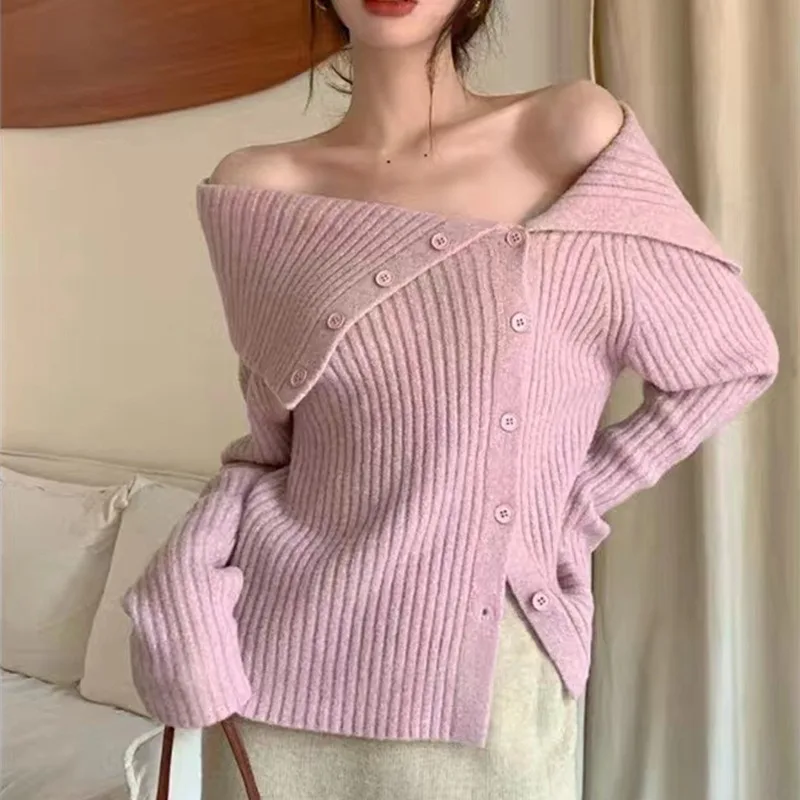 2024 Autumn New Fashion Irregularity Lapel Off-the-shoulder Leisure Style Elegance Knitwear Cardigan Sweater for Women