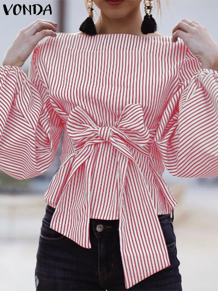 Plus Sise VONDA Women Stripes Blouse 2024 Casual Lantern Long Sleeve Blusas O-Neck Tip Up Shirts Elegant Loose Tops Oversized