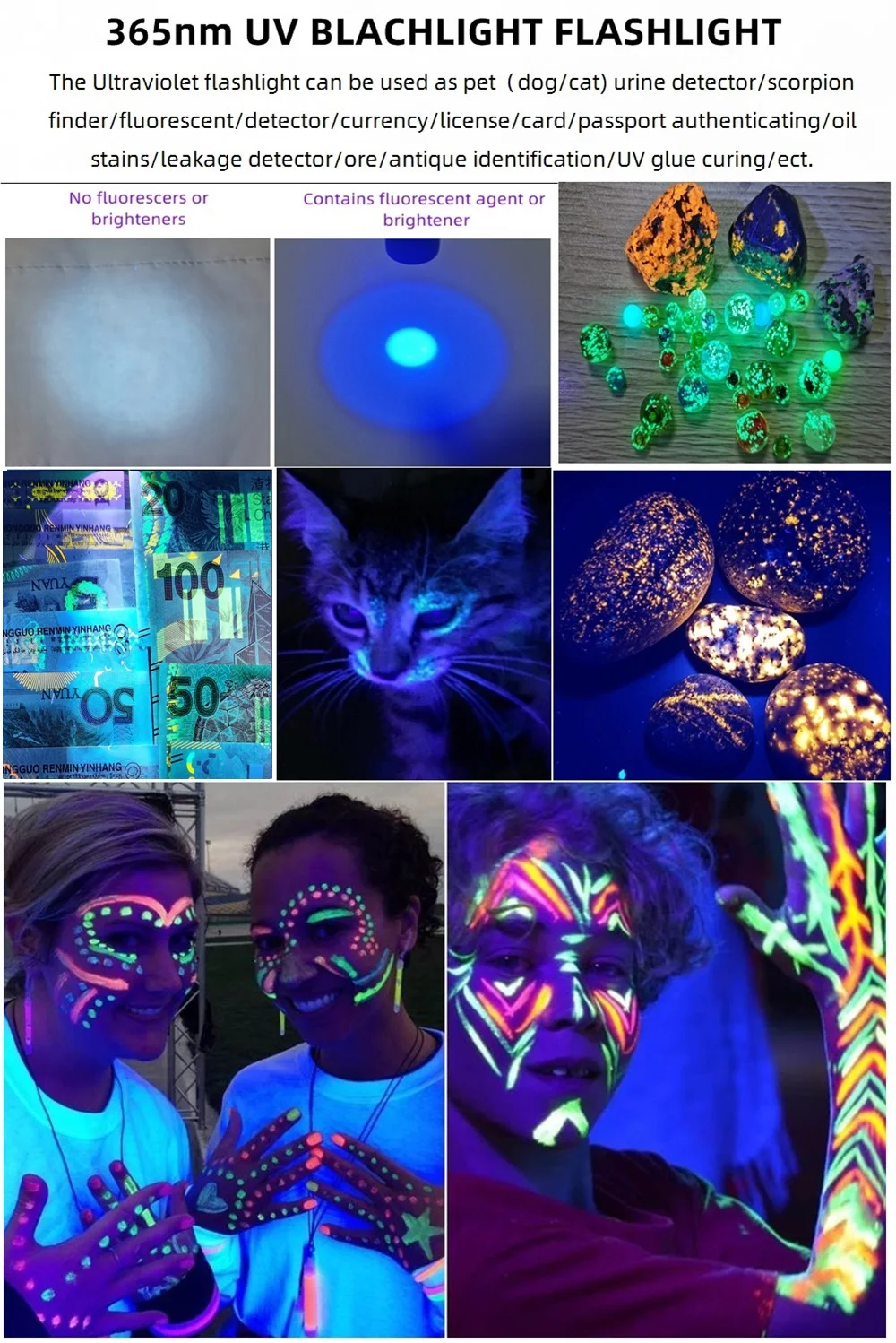 20W 365nm UV Flashlight LED Blacklight Output Rechargeable Resin Curing Cat Dog Marker Ore Money Scorpion fluorescent Check Lamp