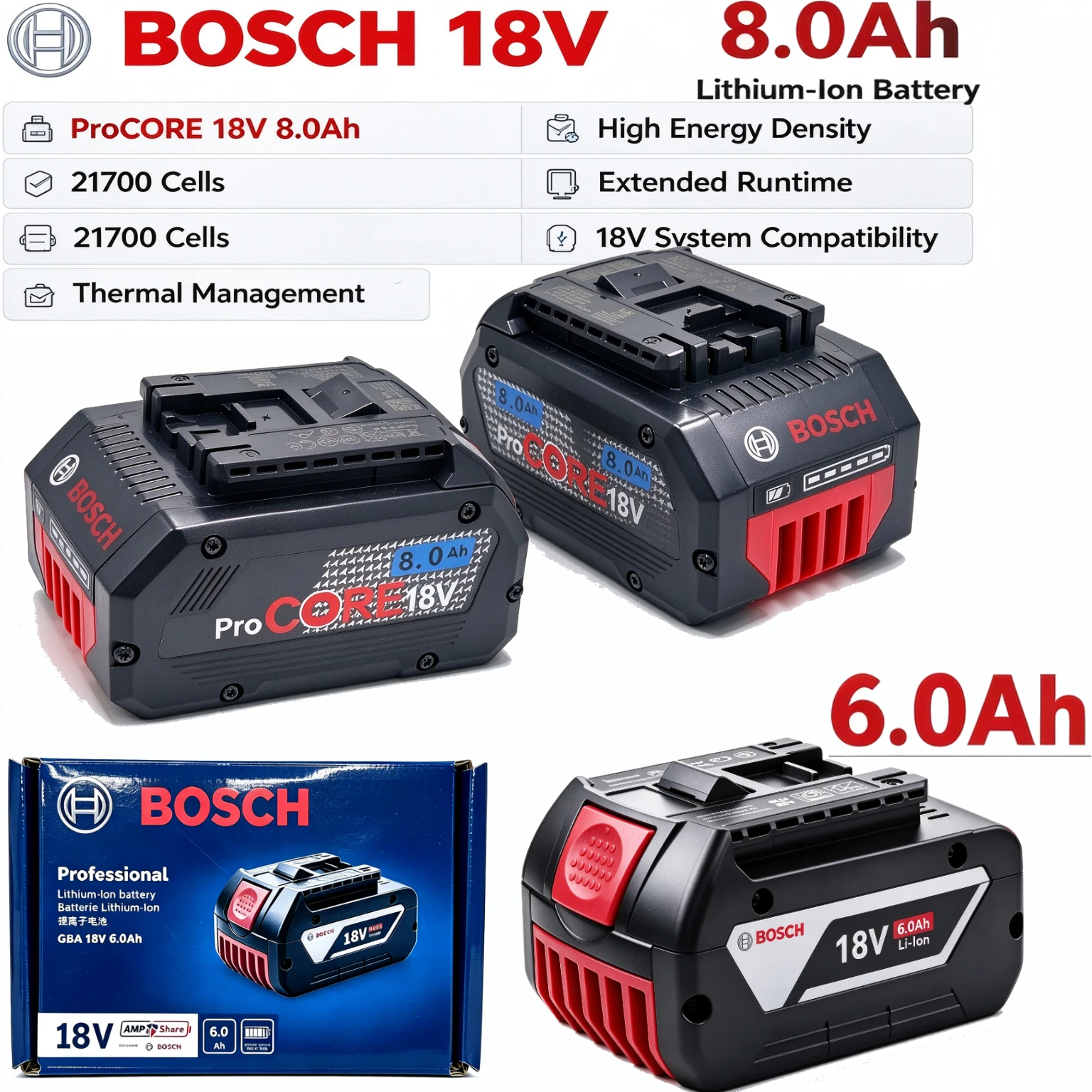 Bosch GBA18V 6.0Ah 8.0Ah Lithium Battery BAT609G BAT618G Replacement for GSR GSB GWS GSA 18V Power Tool DIY Home Renovation Use