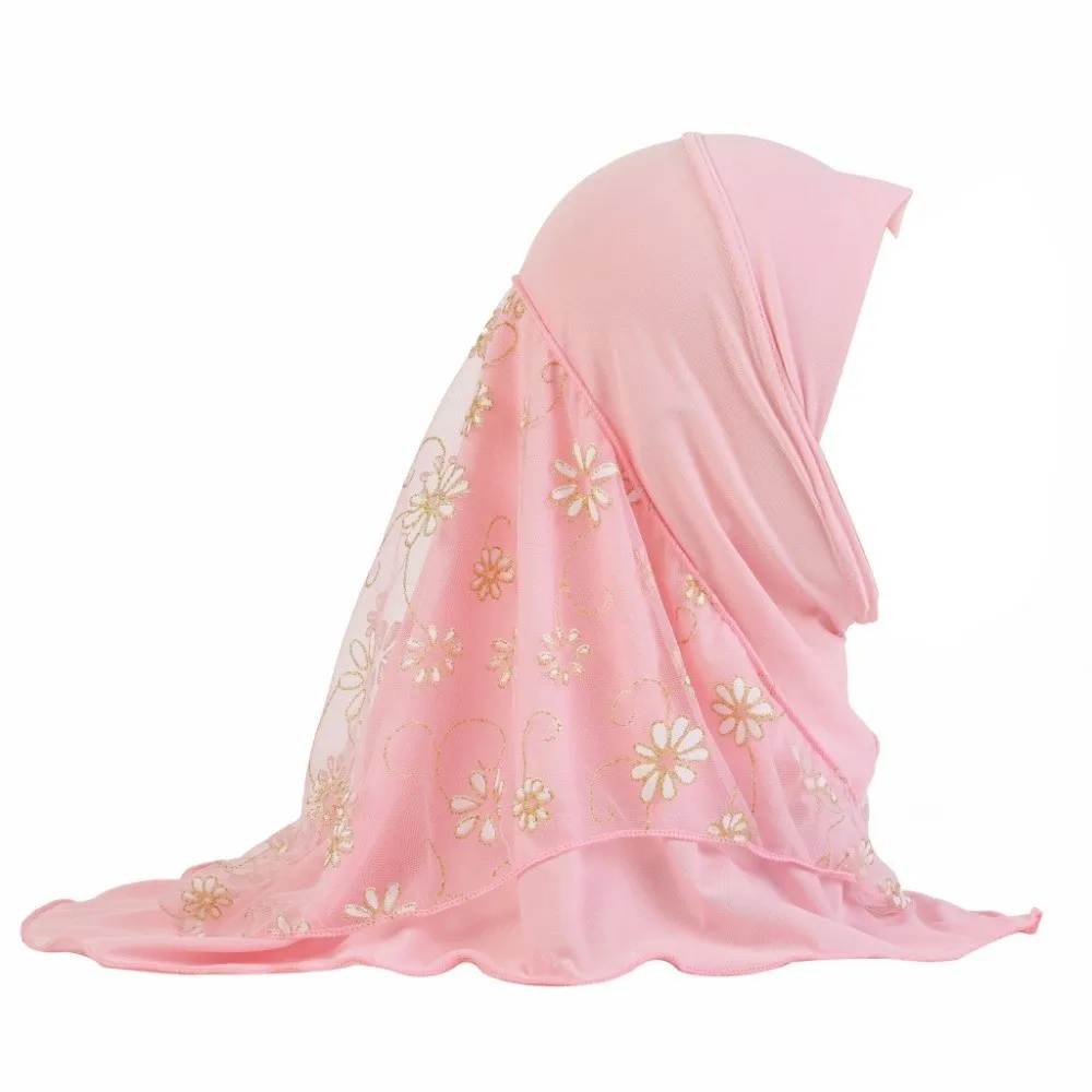 Can Fit Flower Net Small Girl Hijab Elastic Solid Pull On Instant Headscarf Mesh Cotton Islamic Scarf Shawl 2-6 Years Old