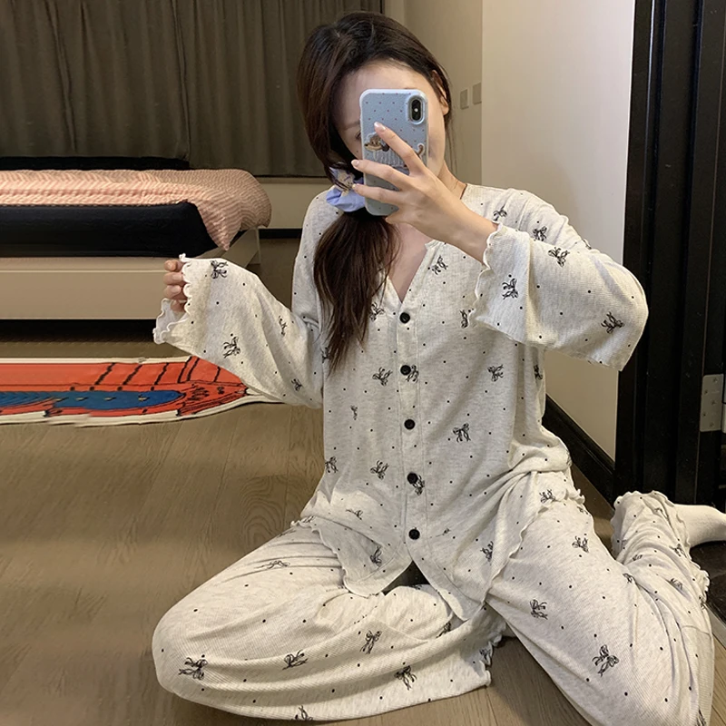 レトロフルプリント甘いちょう結びパジャマセット女性の夏のカーディガン長袖ズボンルーズホーム服スーツ