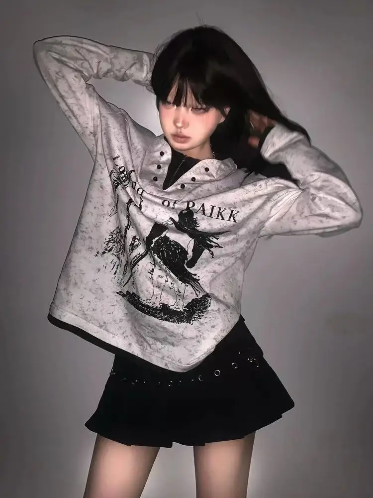 Grunge Fake Two Pieces Patchwork Hoodie Long Sleeves Men's and Women's Tops Gothic Tees Grey Spring Autumn Pullover Streetwear